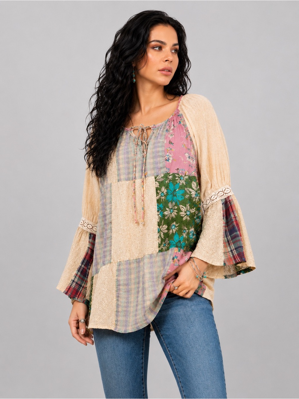 Young Threads Mixed Print Patchwork Boho Floral Tunic Top Latte Size Large NWT